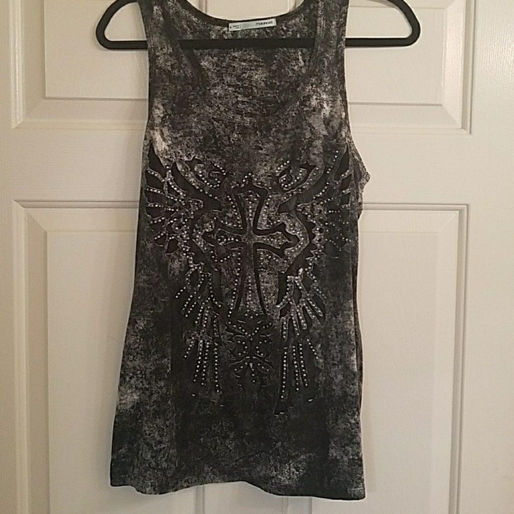 Black tie dye tank with cross embellishment
